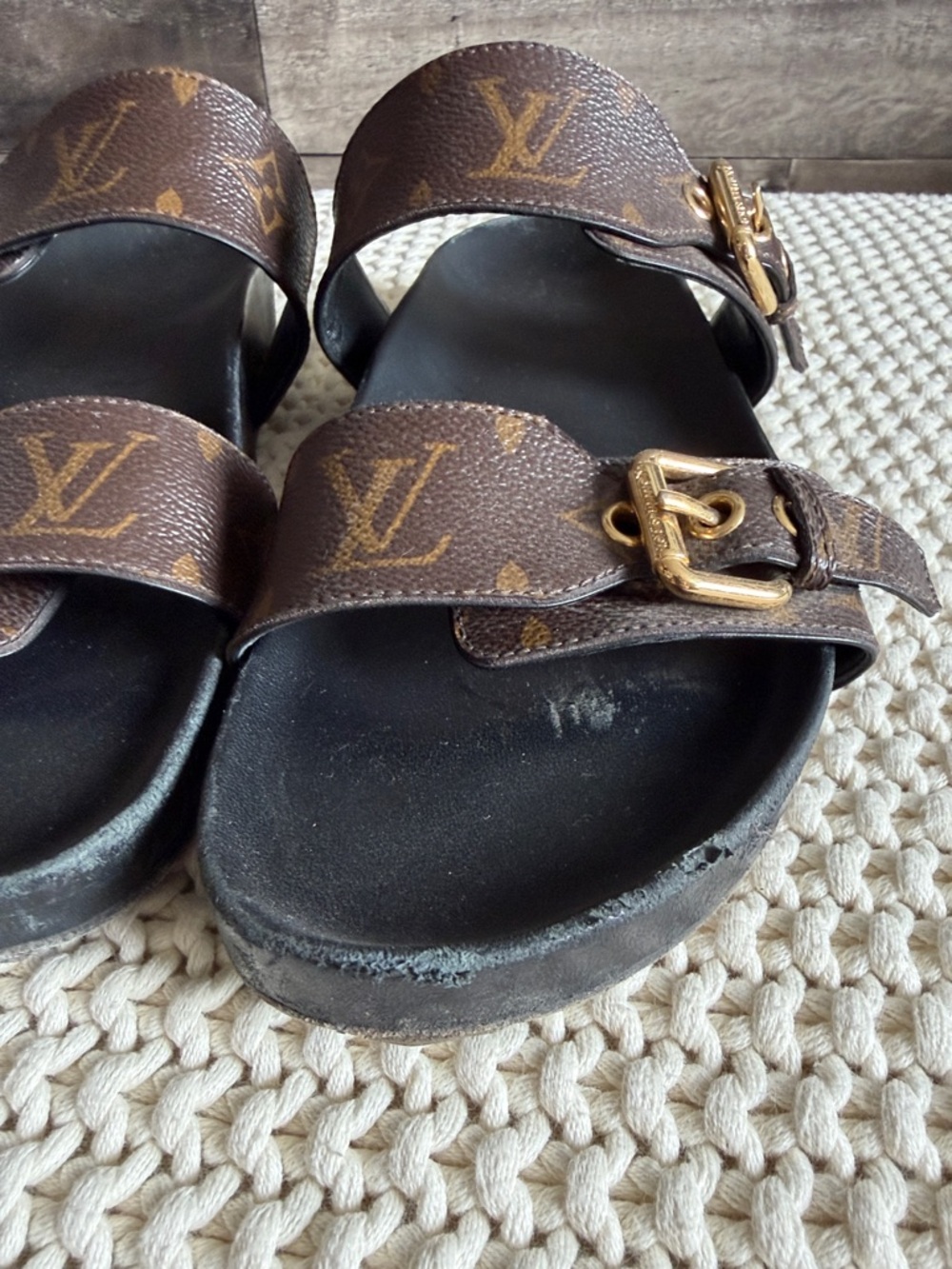 Louis Vuitton Bom Dia Brown Monogram Double-Strap Buckle Slide Sandals - Picture 3 of 7